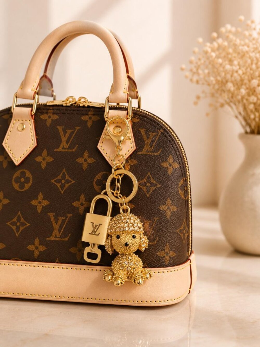 Authentic LV Gold Padlock 🔒Gold Rhinestone Poodle Dog Bag Charm Keychain